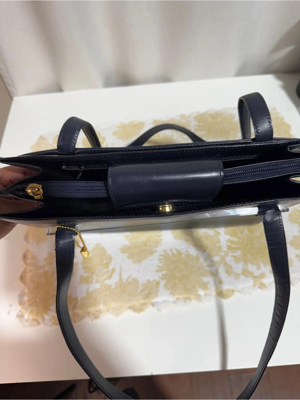 Bally Navy Leather Structured Satchel/Tote Gold Charm/Hardwares Made in Italy